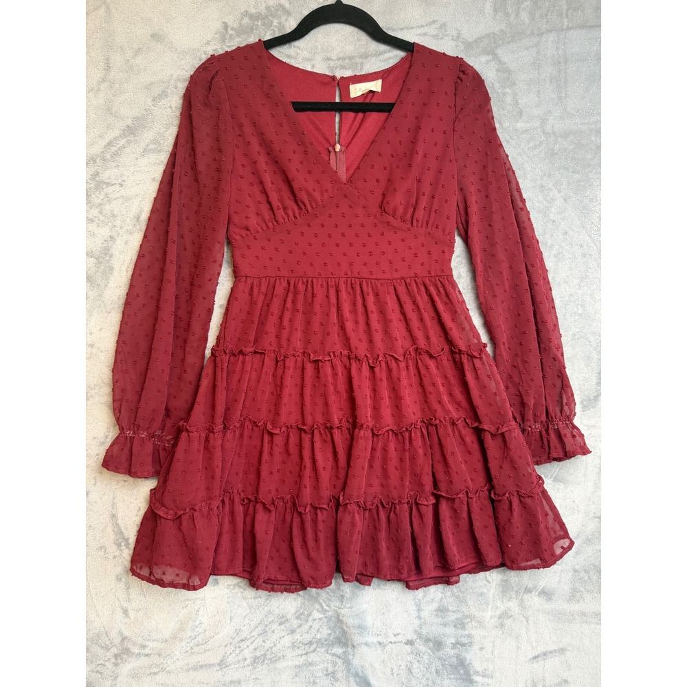 Altar-d State Burgundy Swiss Dot Long-Sleeve Mini Dress Size S
